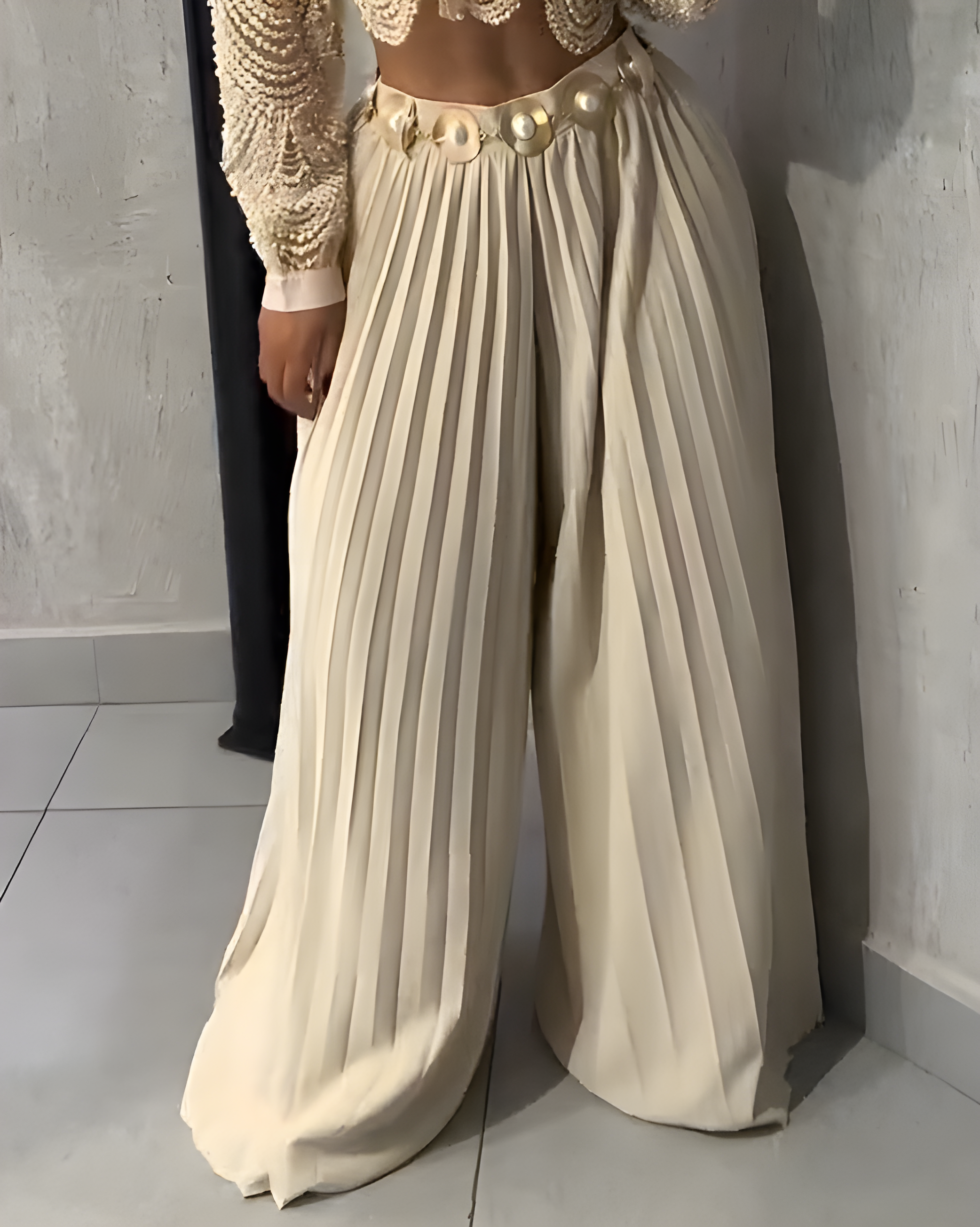 Women's Casual Ruched Wide-Leg Pants Beige