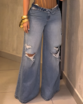 Women's Ripped High-Waisted Wide-Leg Jeans Blue