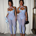 Wanai Blue Pink Cross Strap Poster Girl Jumpsuit