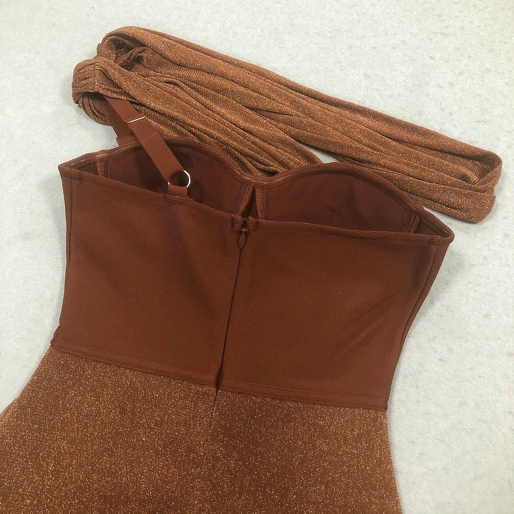 Brown One Shoulder Pleated Dress