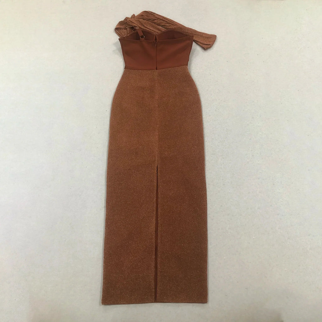 Brown One Shoulder Pleated Dress
