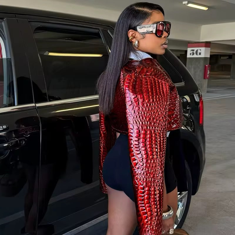 Diva Red Leather Crocodile Crop Jacket