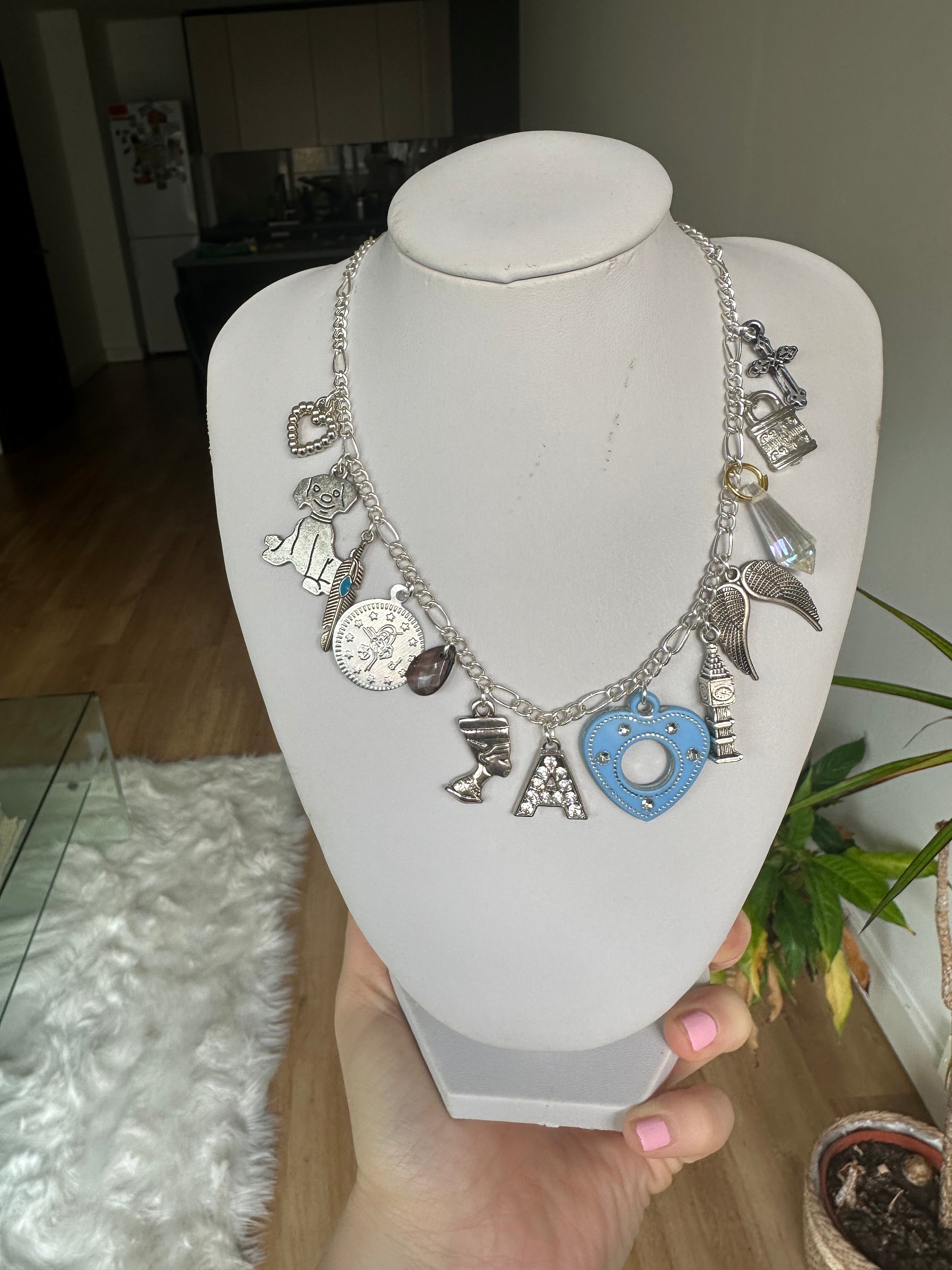 Silver multi charm initial necklace