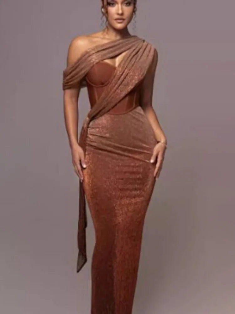 Brown One Shoulder Pleated Dress Brown