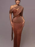 Brown One Shoulder Pleated Dress Brown