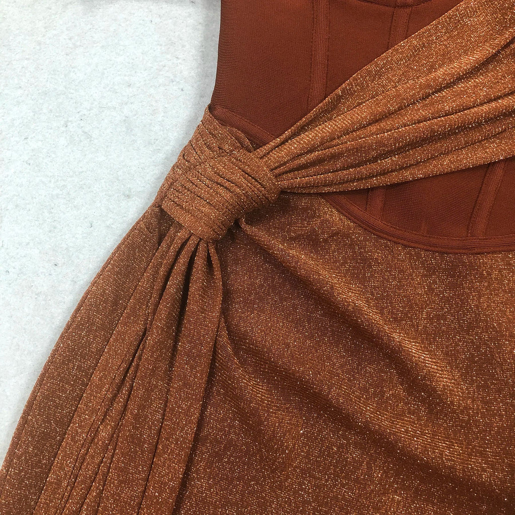 Brown One Shoulder Pleated Dress