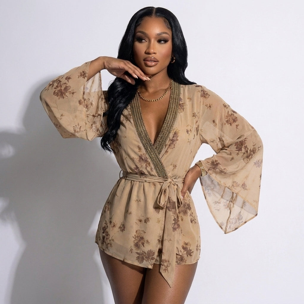 Floral Cape Sleeve Romper