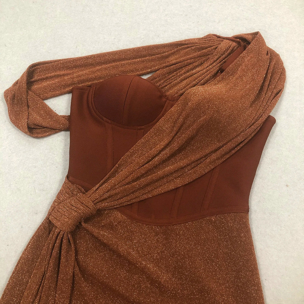 Brown One Shoulder Pleated Dress