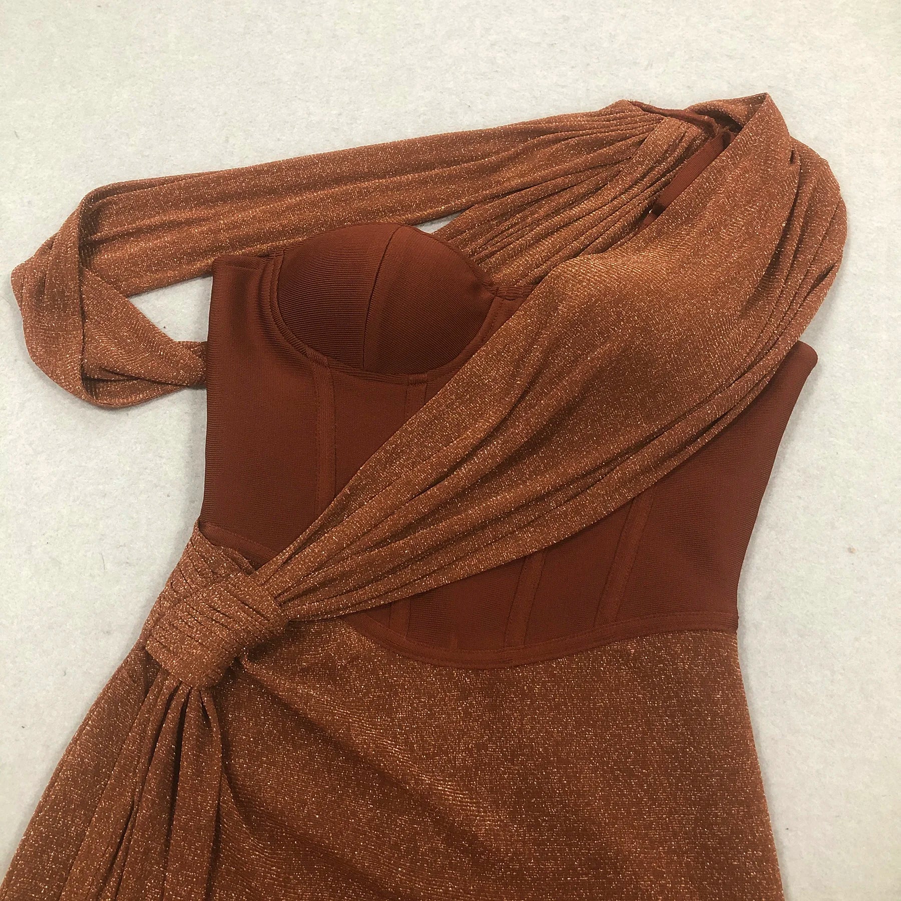 Brown One Shoulder Pleated Dress