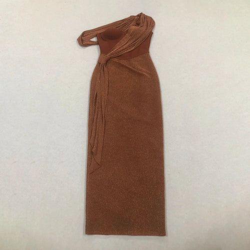 Brown One Shoulder Pleated Dress