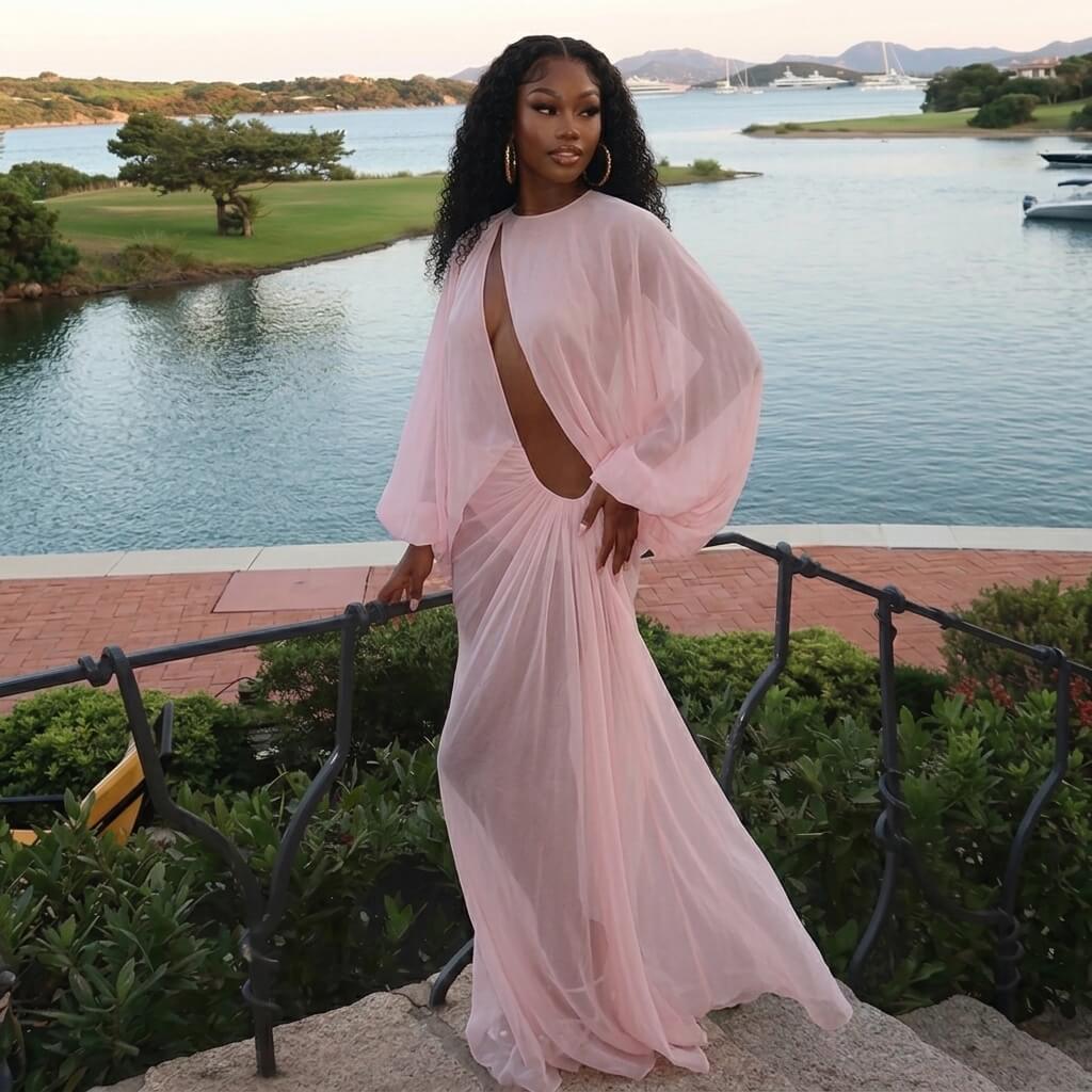 Sheer Cutout Draped Maxi Dress