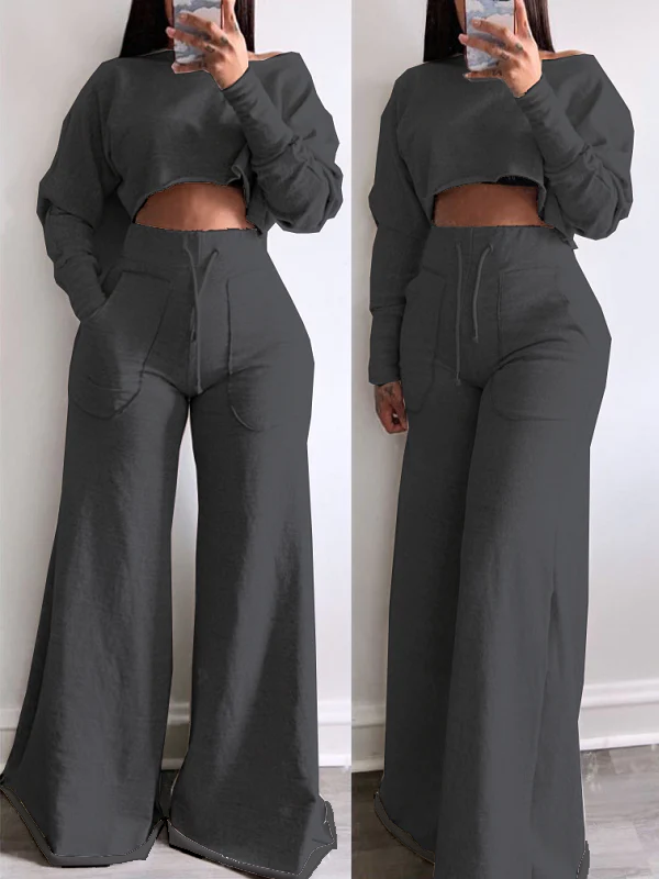 Raw-cut Sweatshirt & Wide-Leg Pants Set Black