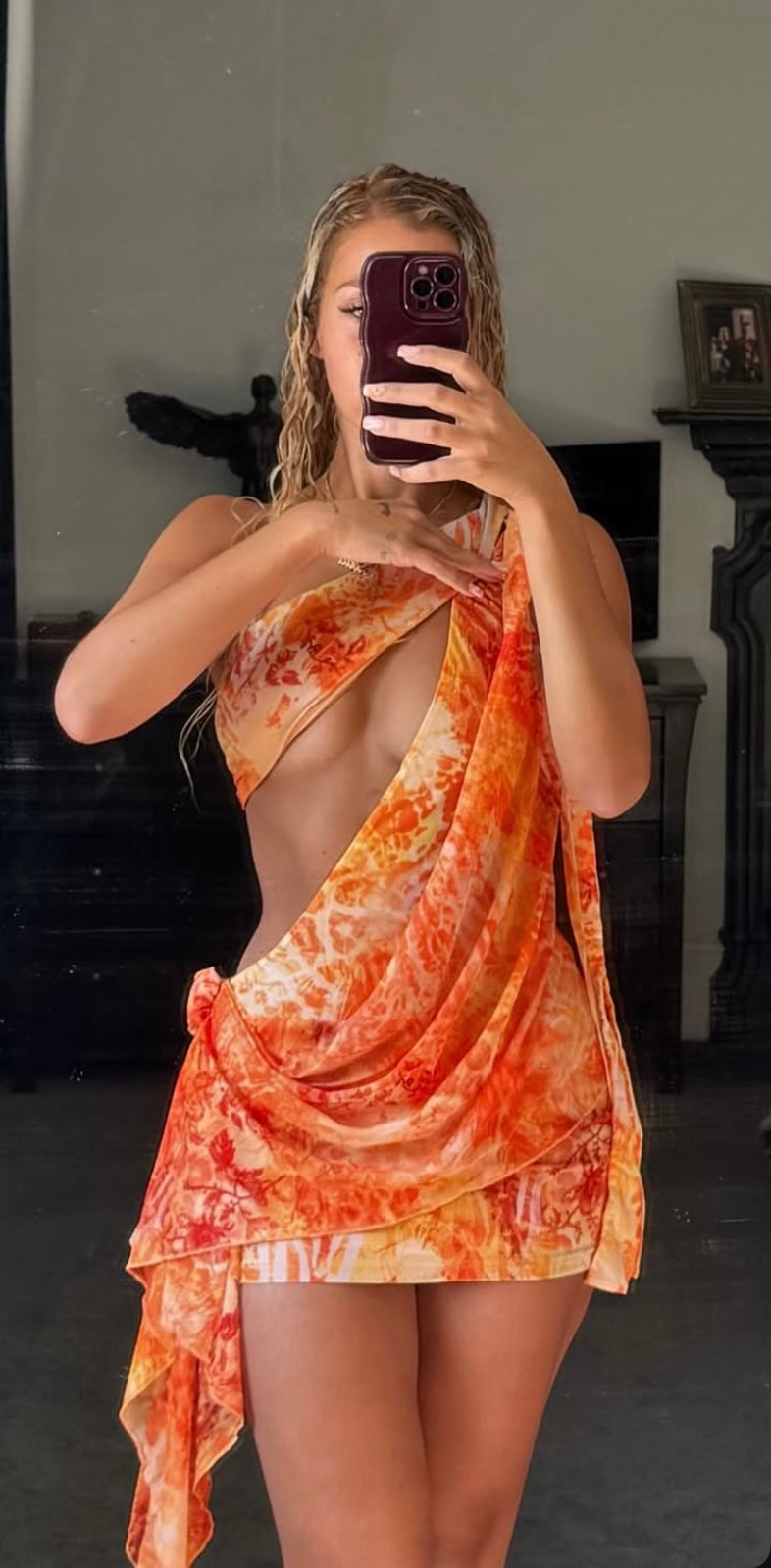 Orange drape mini dress