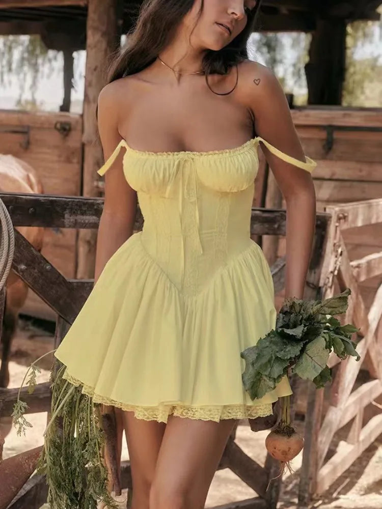 Caroline Lace Mini Dress Yellow
