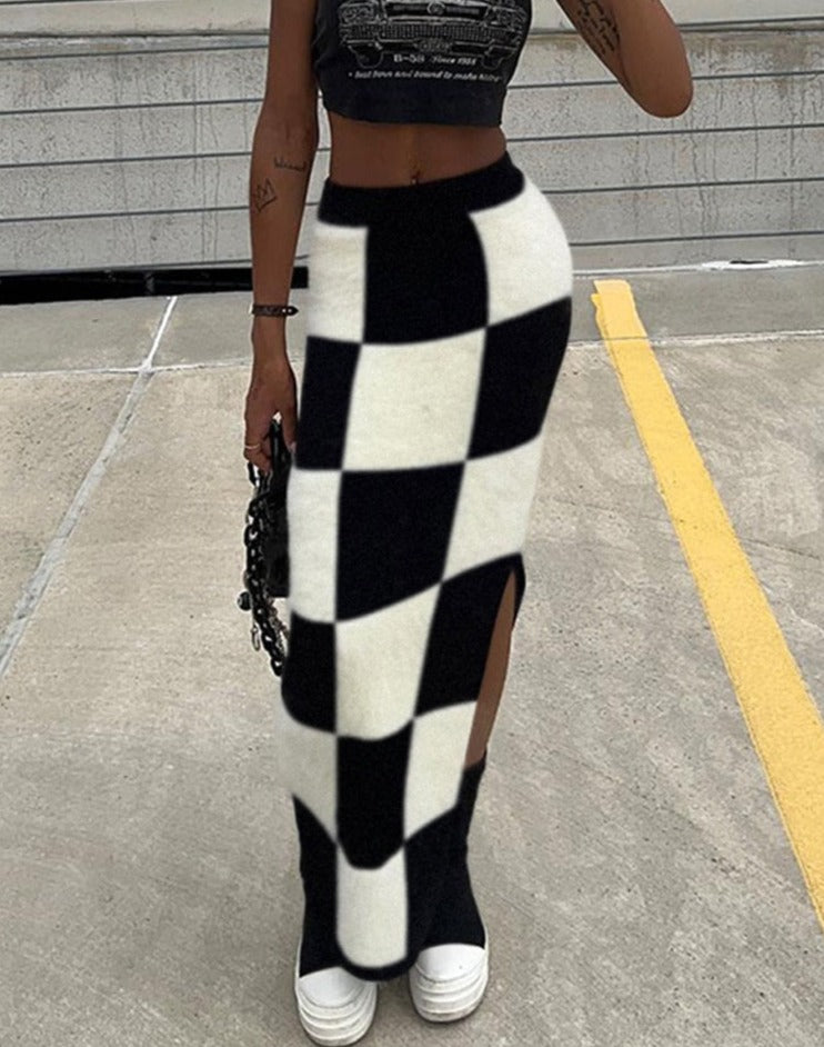 Checkerboard Knit Skirt Black