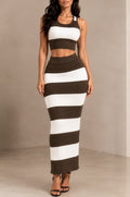 Mocha Nude Stripe Ribbed Knit Two Piece Skirt Set