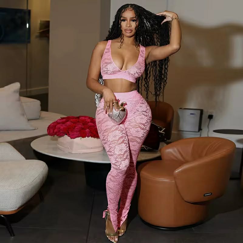 Yarie Pink Lace Two Piece Set