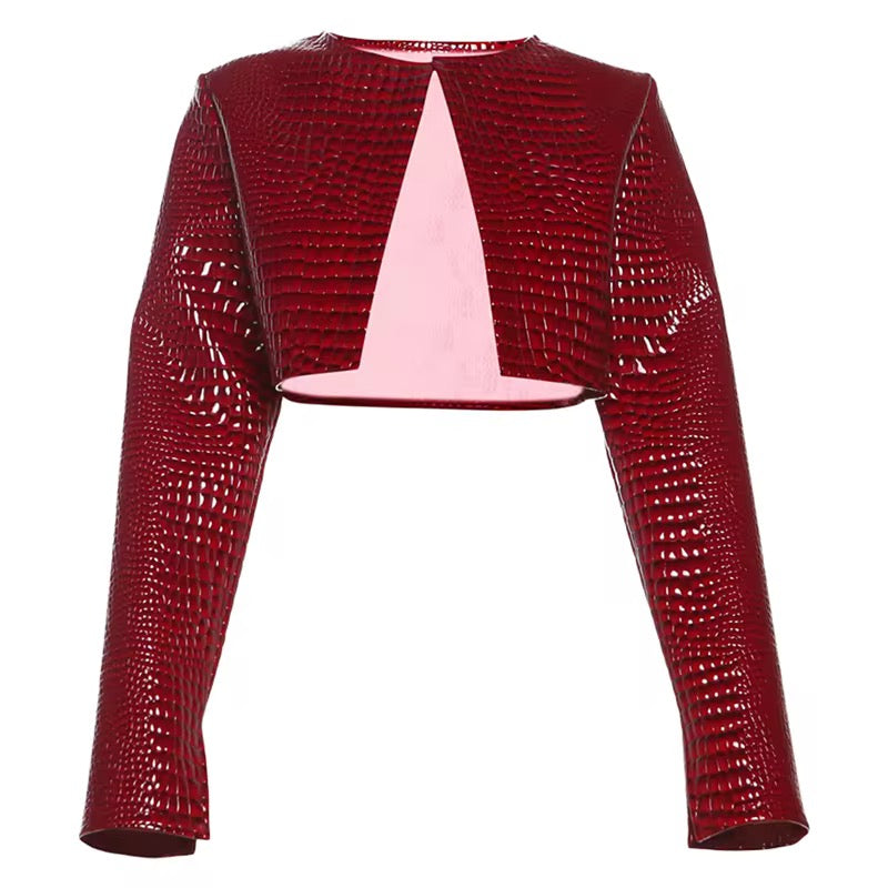 Diva Red Leather Crocodile Crop Jacket