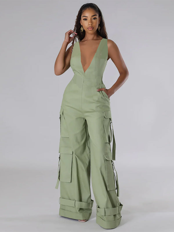 V-Neck Sleeveless Cargo Wide-Leg Jumpsuit Sage