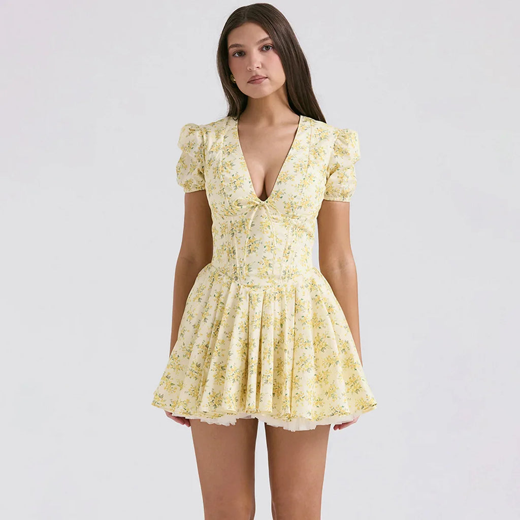 Deep-V Flower Fluffy Dress pls read size chart