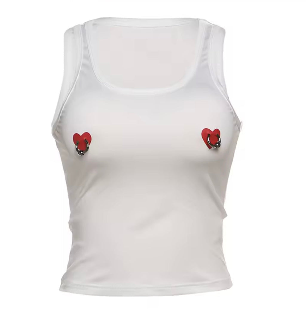 Heart print faux piercing crop top