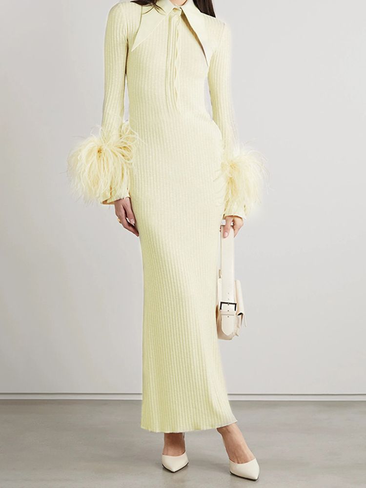 Elegant Feather Maxi Dress- Beige