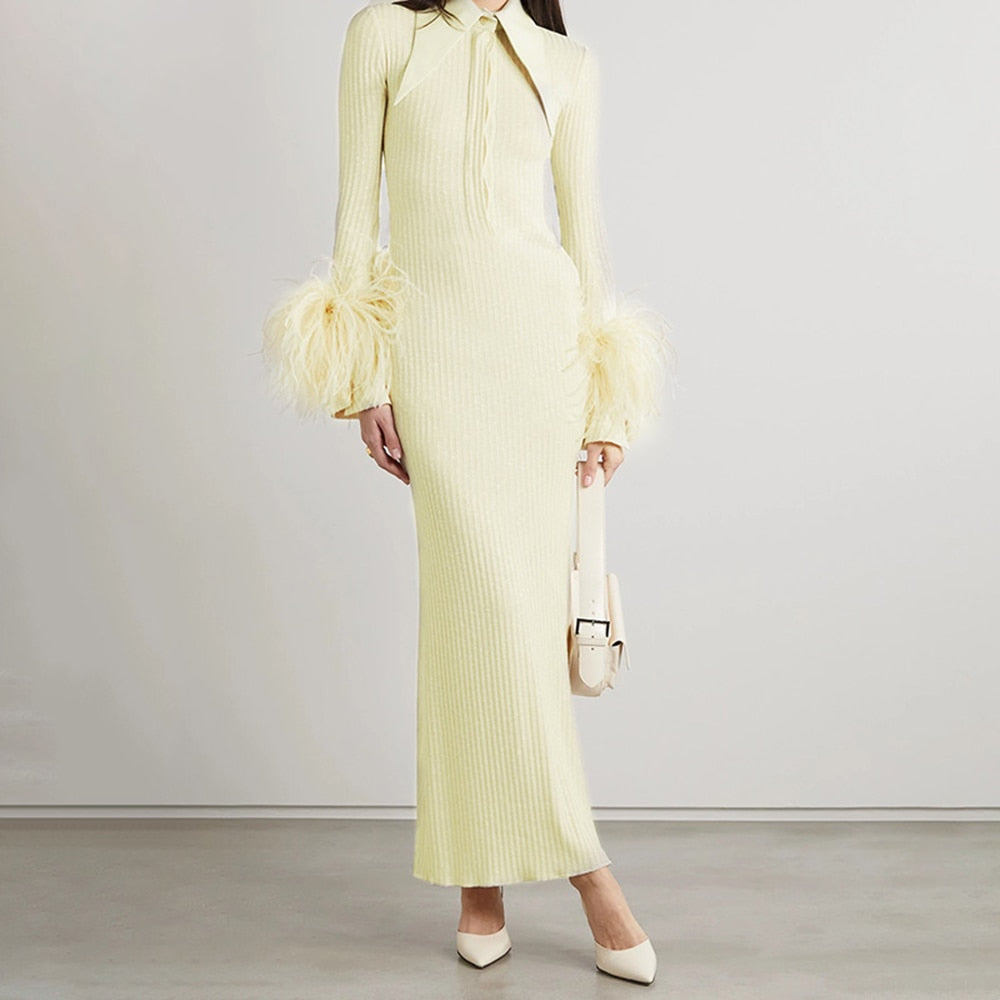 Elegant Feather Maxi Dress- Beige
