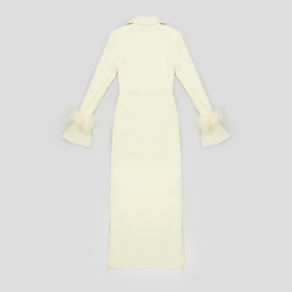 Elegant Feather Maxi Dress- Beige