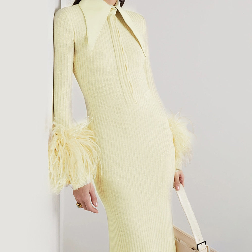 Elegant Feather Maxi Dress- Beige
