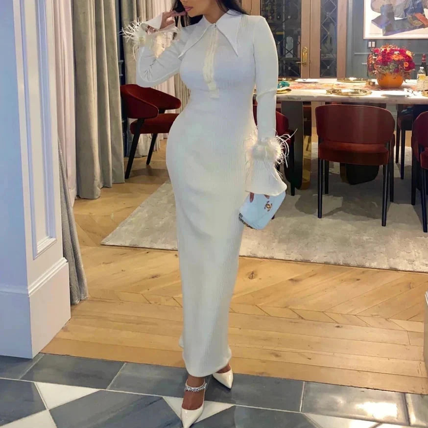 Elegant Feather Maxi Dress- Beige