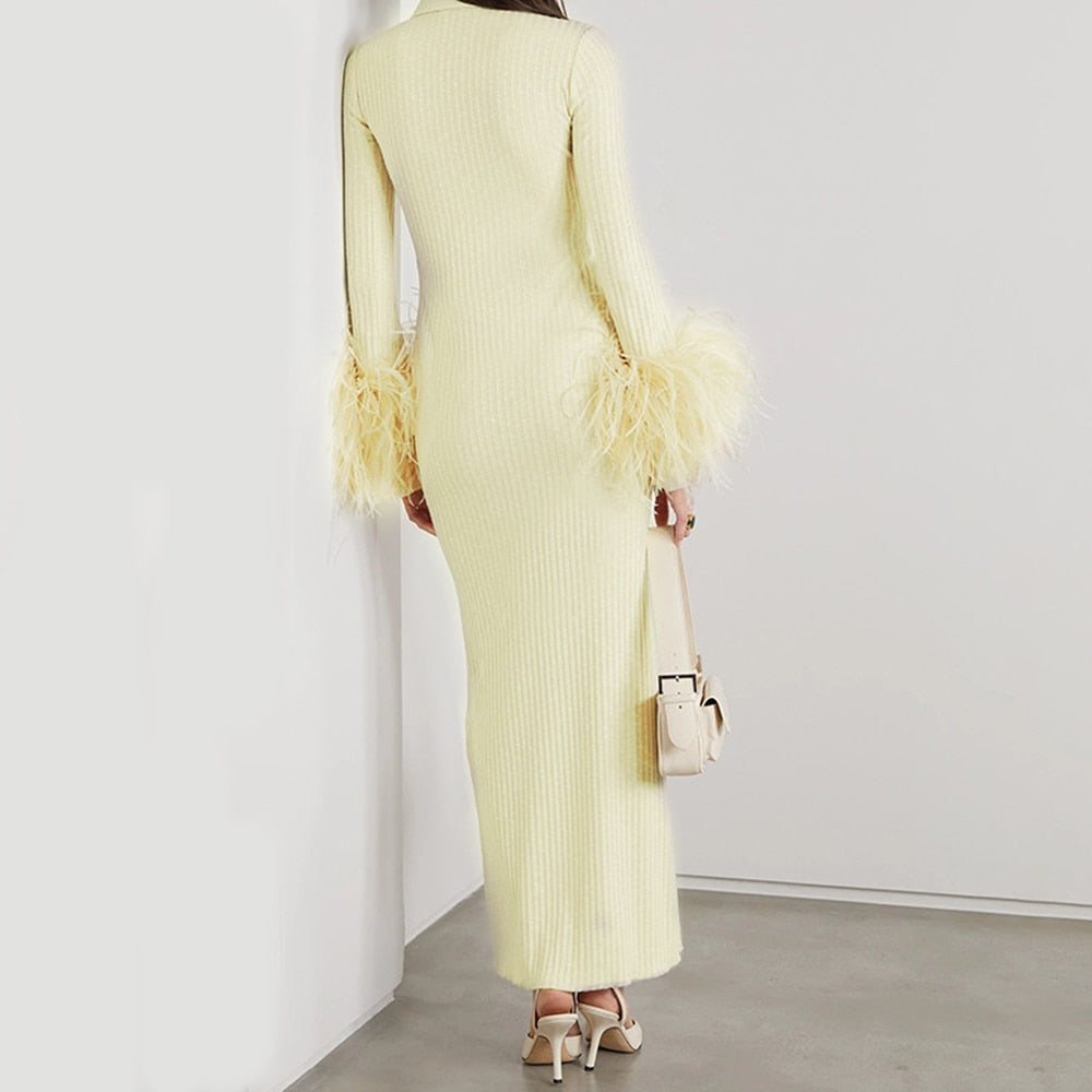 Elegant Feather Maxi Dress- Beige