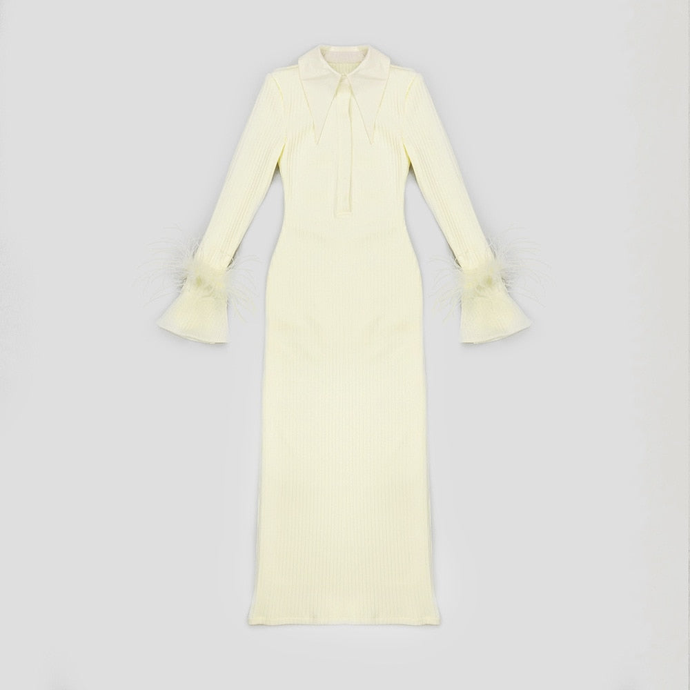Elegant Feather Maxi Dress- Beige