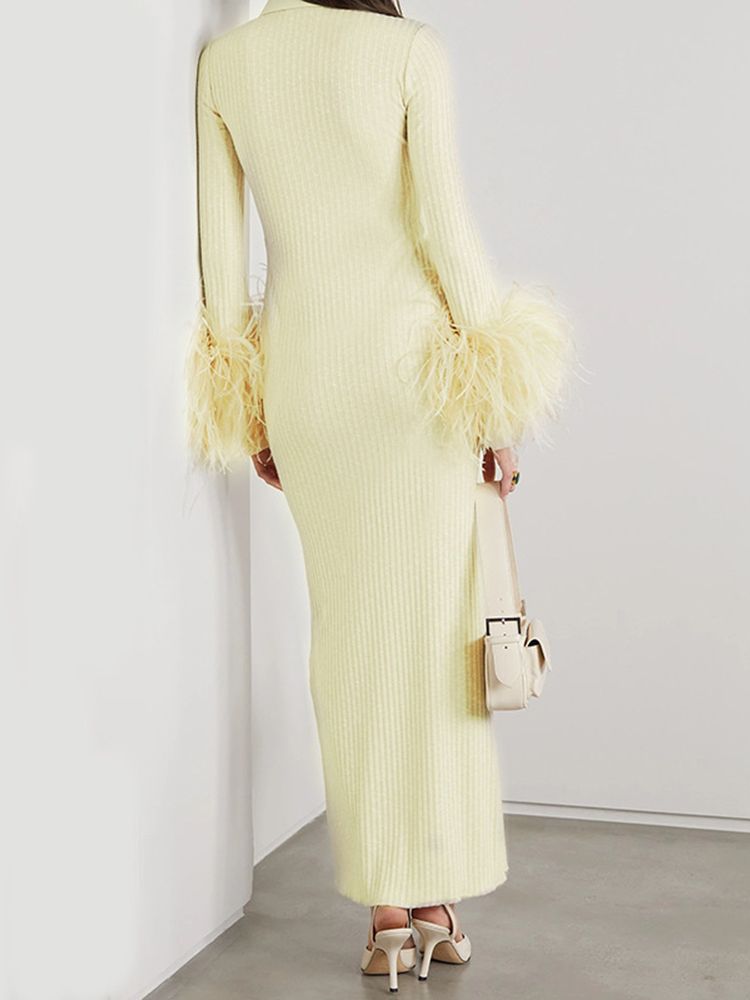 Elegant Feather Maxi Dress- Beige