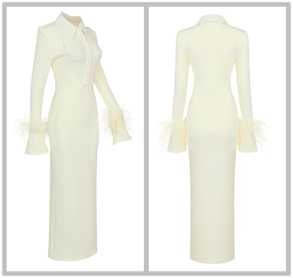 Elegant Feather Maxi Dress- Beige