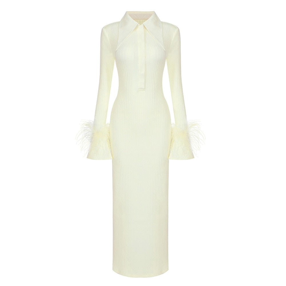 Elegant Feather Maxi Dress- Beige