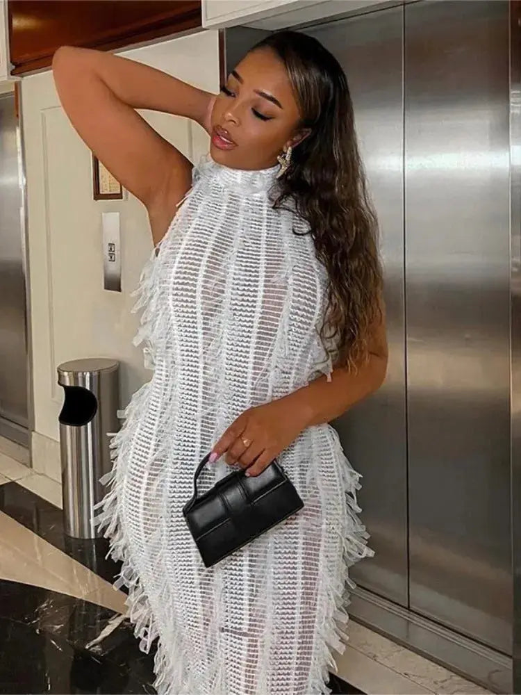 Eliza Tassel Midi Dress White
