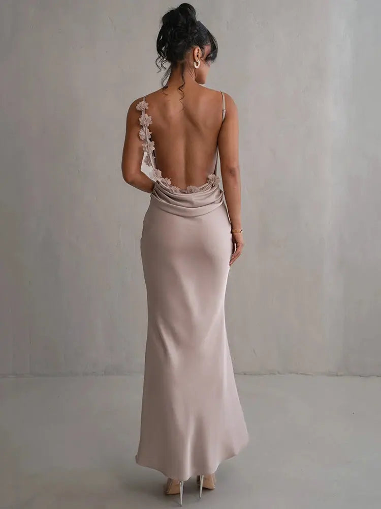 Floral Draped Backless Dress Apricot