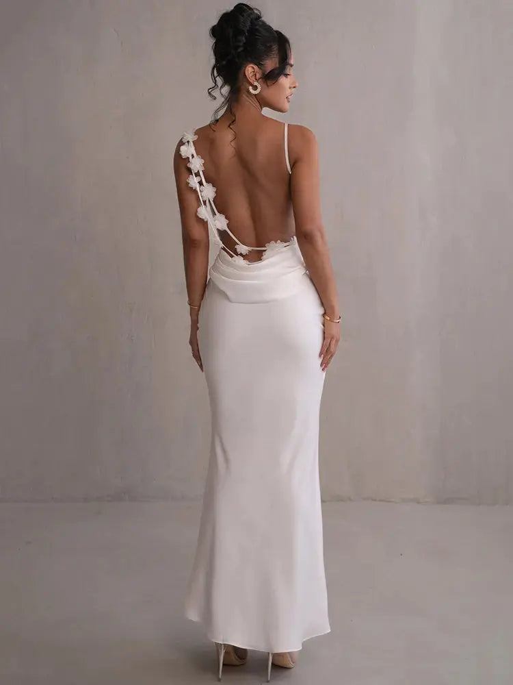 Floral Draped Backless Dress White