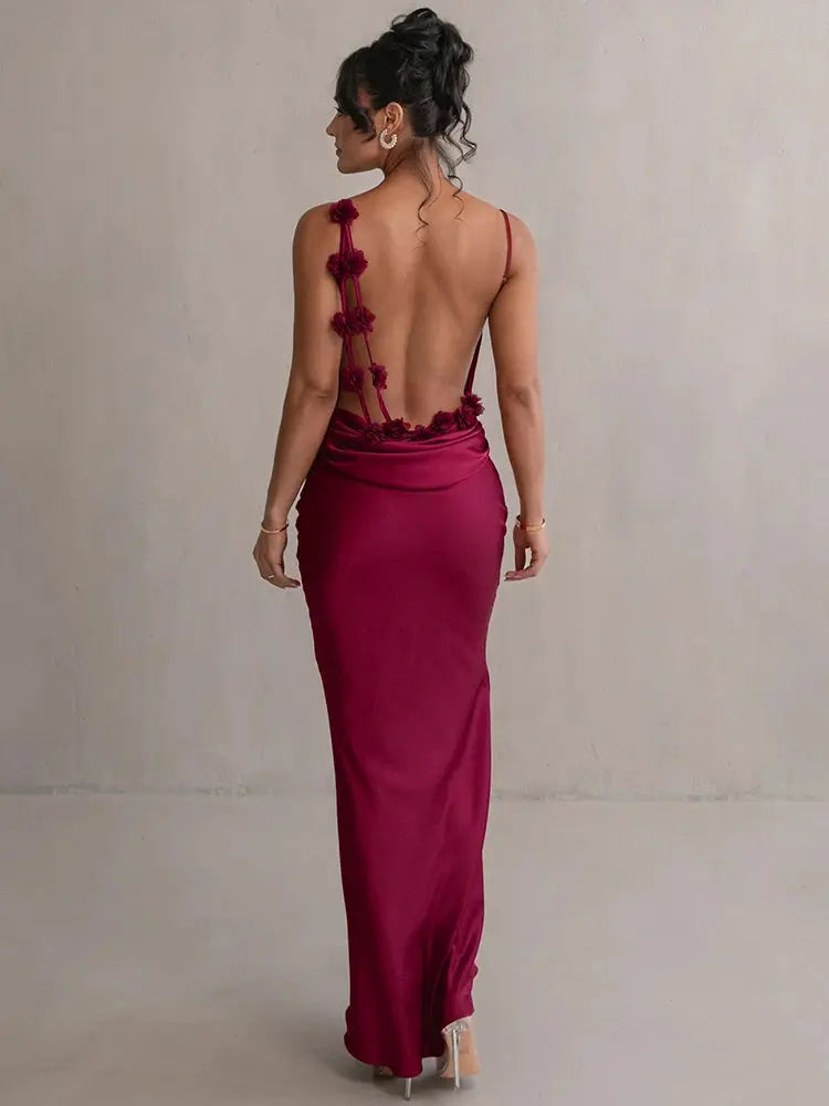 Floral Draped Backless Dress Wine Red