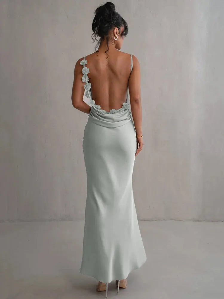 Floral Draped Backless Dress Light Green