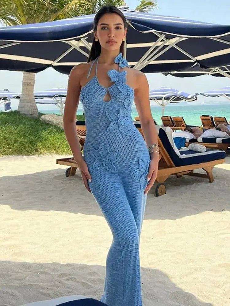 Floralle Crochet Knit Maxi Dress Blue