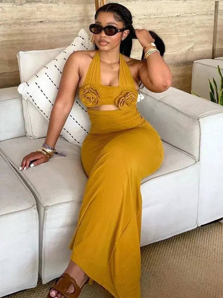 Flower Cutout Maxi Dress Beige