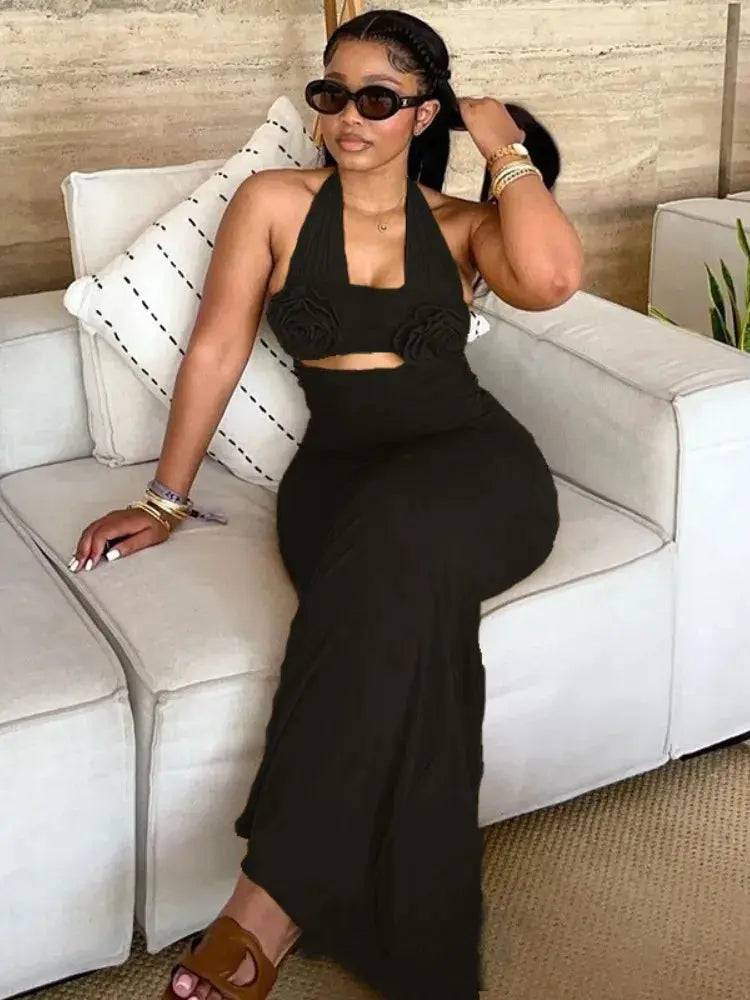 Flower Cutout Maxi Dress Black