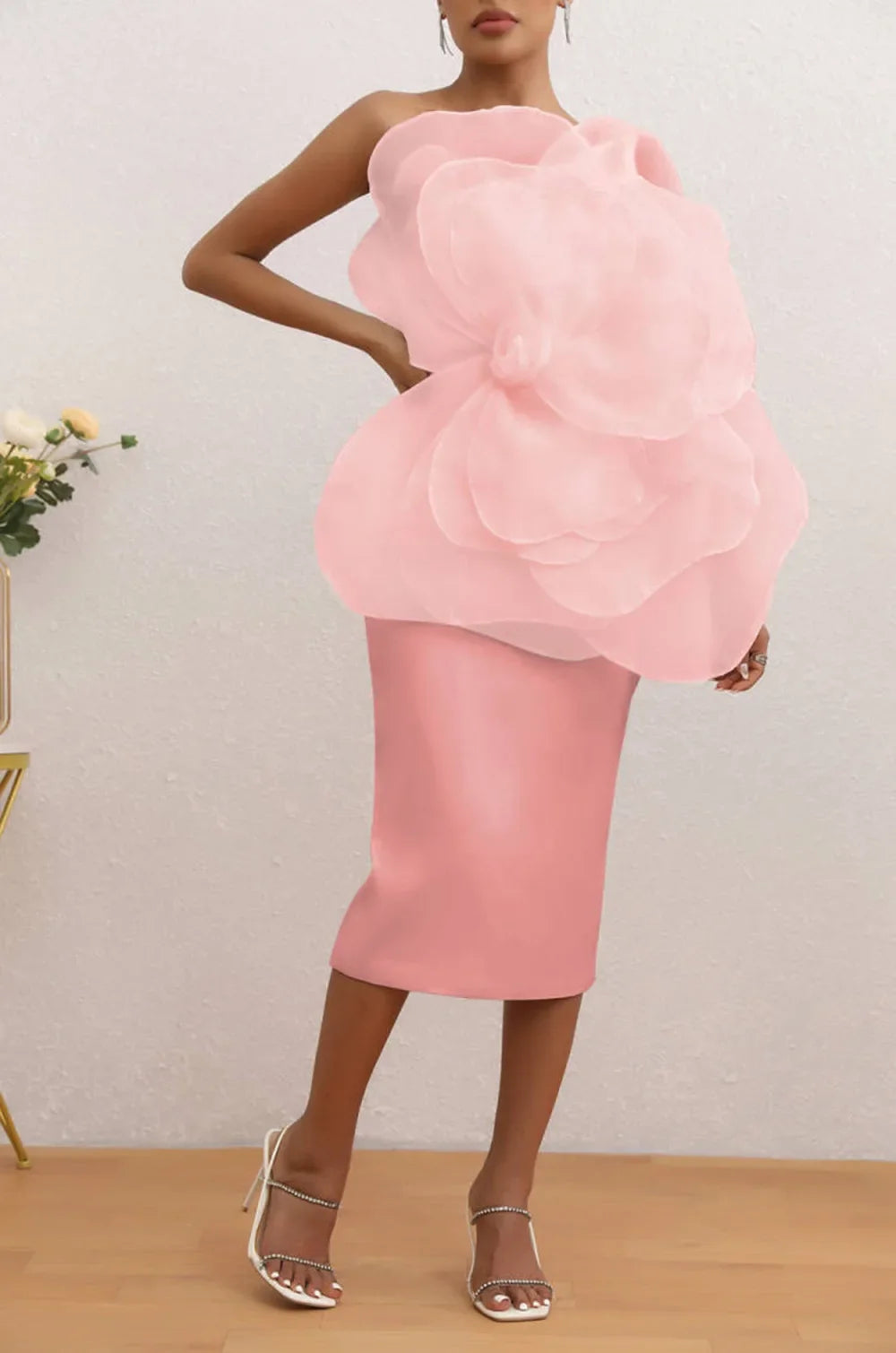 Flower One Shoulder Midi Dress