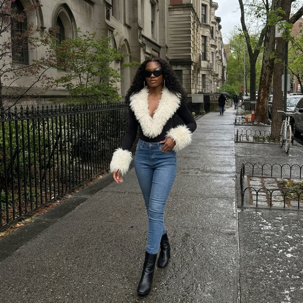 Faux Fur Trim Plunge Bodysuit