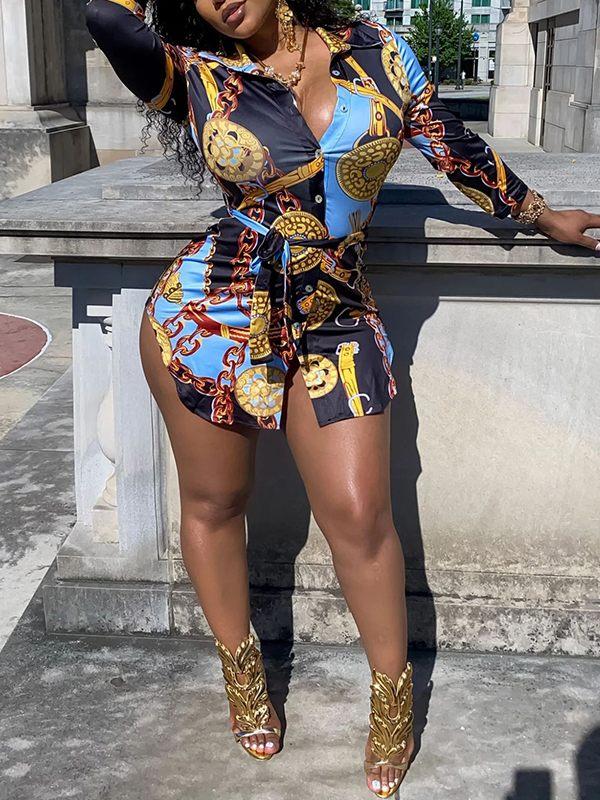 V-inspo Printed Shirt Dress--Clearance Multicolor