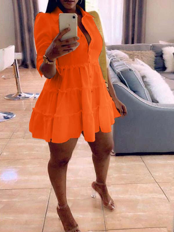 Solid Button-Front Ruffle Dress--Clearance Orange S