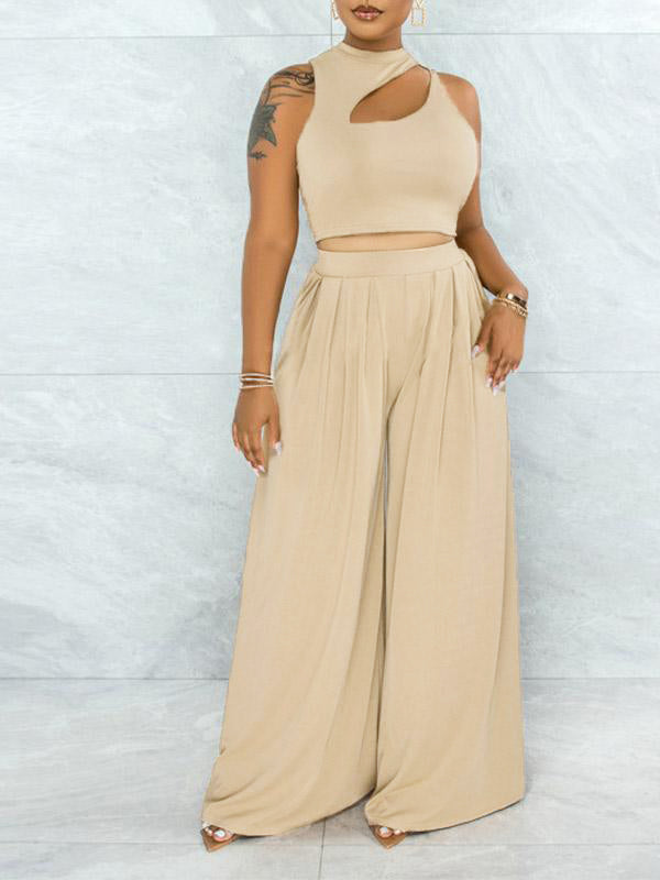 Solid Cutout Top & Wide-Leg Pants Set--Clearance Khaki S