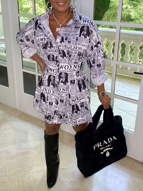 Printed Gathered-Waist Shirt Dress--Clearance Newspaper S