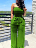 Smocked Tied Jumpsuit Green